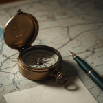 מצפן מונח על מפה גיאוגרפית על שולחן עבודה מודרני, המייצג תכנון וצמיחה עסקית.