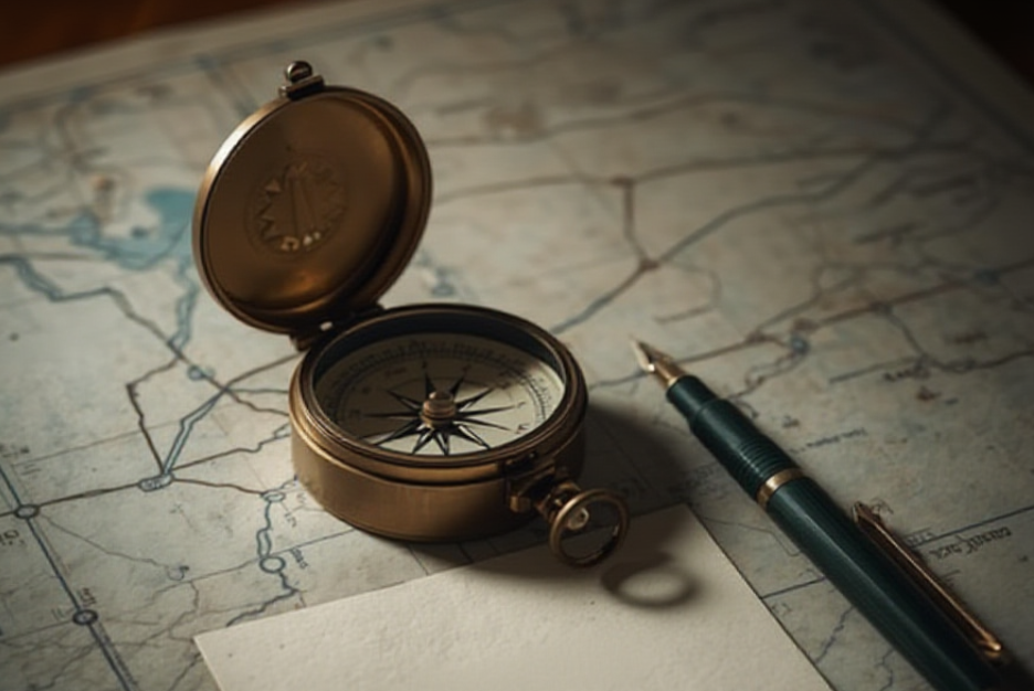 מצפן מונח על מפה גיאוגרפית על שולחן עבודה מודרני, המייצג תכנון וצמיחה עסקית.